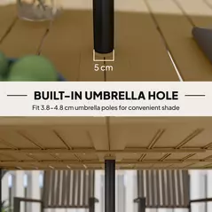 Outsunny Garden Dining Table, 150 x 90 cm Rectangle Outdoor Table with 5 cm Parasol Hole, Slatted Tabletop and Steel Frame for Patio Balcony, (Table Only) Brown - 5