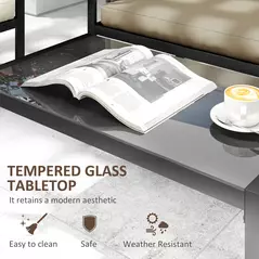 Outsunny 4 Piece Metal Garden Furniture Set with Tempered Glass Coffee Table, Texteline Pocket, Outdoor Set Loveseat Single Armchairs with Padded Cushions, Khaki - 5