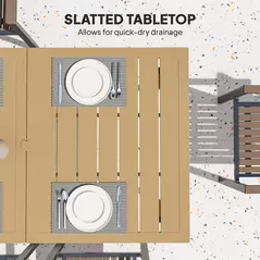 Outsunny Garden Dining Table, 150 x 90 cm Rectangle Outdoor Table with 5 cm Parasol Hole, Slatted Tabletop and Steel Frame for Patio Balcony, (Table Only) Brown - 6