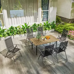 Outsunny Garden Dining Table, 150 x 90 cm Rectangle Outdoor Table with 5 cm Parasol Hole, Slatted Tabletop and Steel Frame for Patio Balcony, (Table Only) Brown - 9