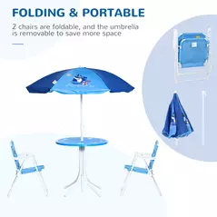Outsunny Kids Outdoor Bistro Table and Chair Set, Folding Garden Furniture w/ Shark Design, Removable, Adjustable Sun Umbrella, Ages 3-6 Years - Blue - 4