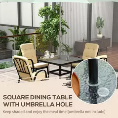 Outsunny 5 Pieces Outdoor Square Garden Dining Set w/ Tempered Glass Dining Table 4 Cushioned Armchairs, Umbrella Hole, Beige - 4