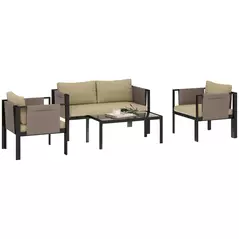 Outsunny 4 Piece Metal Garden Furniture Set with Tempered Glass Coffee Table, Texteline Pocket, Outdoor Set Loveseat Single Armchairs with Padded Cushions, Khaki - 1