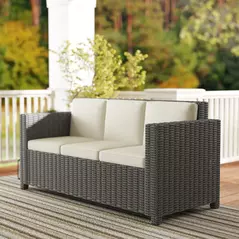 Outsunny 3 Seater Rattan Sofa All-Weather Wicker Weave Metal Frame Chair with Fire Resistant Cushio-Cream - 8