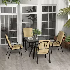 Outsunny 5 Pieces Outdoor Square Garden Dining Set w/ Tempered Glass Dining Table 4 Cushioned Armchairs, Umbrella Hole, Beige - 2