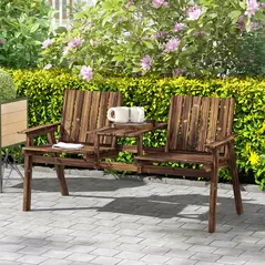 Outsunny 2-Seater Garden Bench with Table & Parasol Hole, Antique Loveseat for Porch, Patio, Carbonised Finish - 2