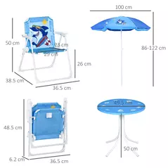 Outsunny Kids Outdoor Bistro Table and Chair Set, Folding Garden Furniture w/ Shark Design, Removable, Adjustable Sun Umbrella, Ages 3-6 Years - Blue - 3
