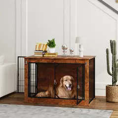PawHut Dog Crate Furniture with Openable Top, Two Doors, for Large Dogs, Rustic Brown - 2