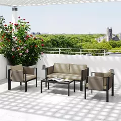 Outsunny 4 Piece Metal Garden Furniture Set with Tempered Glass Coffee Table, Texteline Pocket, Outdoor Set Loveseat Single Armchairs with Padded Cushions, Khaki - 8