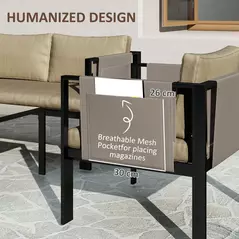 Outsunny 4 Piece Metal Garden Furniture Set with Tempered Glass Coffee Table, Texteline Pocket, Outdoor Set Loveseat Single Armchairs with Padded Cushions, Khaki - 4