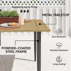 Outsunny Garden Dining Table, 150 x 90 cm Rectangle Outdoor Table with 5 cm Parasol Hole, Slatted Tabletop and Steel Frame for Patio Balcony, (Table Only) Brown - 7