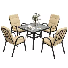 Outsunny 5 Pieces Outdoor Square Garden Dining Set w/ Tempered Glass Dining Table 4 Cushioned Armchairs, Umbrella Hole, Beige - 1