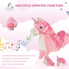 HOMCOM Kids Plush Rocking Horse Ride On Unicorn w/ Sound Moving Mouth Wagging Tail Children Rocker Toy Gift 3-6 Years Pink - 5