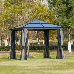 Outsunny 3 x 3(m) Hardtop Gazebo Canopy with Polycarbonate Roof, Aluminium Frame, Permanent Pavilion Garden Gazebo with Netting and Curtains for Patio, Deck, Dark Grey - 2