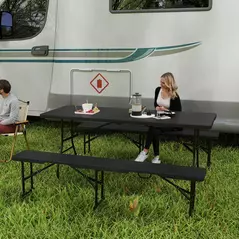 Outsunny Folding Picnic Table and Bench Set, Rattan Effect Portable Camping Table and Chairs with Carrying Handles for Indoor Outdoor, Dining, Camping, Picnic, BBQ, Party, Black - 2