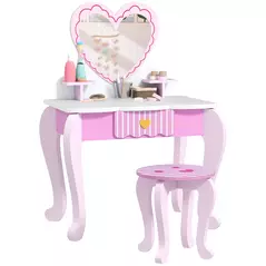 AIYAPLAY Kids Dressing Table Set, Vanity Table with Stool, Mirror, Drawer, Desktop Storage, Heart Theme, Pink - 1