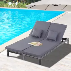 Outsunny 2 Seater Rattan Lounger Adjustable Double Chaise Chair Loveseat w/ Cushion - Grey - 2