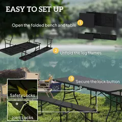 Outsunny Folding Picnic Table and Bench Set, Rattan Effect Portable Camping Table and Chairs with Carrying Handles for Indoor Outdoor, Dining, Camping, Picnic, BBQ, Party, Black - 7