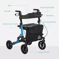 HOMCOM Folding Rollator Walker with Seat, Backrest, Lightweight Walking Frame with Storage Bag, Dual Brakes, Adjustable Handle Height, Suspension System, 4 Wheeled Walker for Seniors, Blue - 8