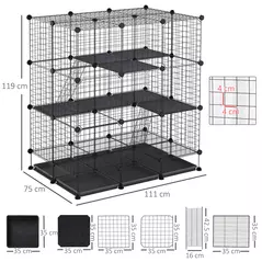 PawHut 3 Level DIY Pet Playpen Metal Small Animal Cage Rabbit Ferret Chinchillas Cage 4 Doors Bottom Trays Black - 3