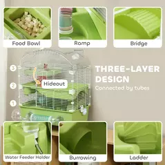 PawHut 3-Tier Hamster Cage with Transparent Top, Sand Bathroom, Exercise Wheel, Hideout Room, Tubes, 45 x 28 x 60 cm, Green - 4