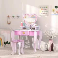 AIYAPLAY Kids Dressing Table Set, Vanity Table with Stool, Mirror, Drawer, Desktop Storage, Heart Theme, Pink - 7