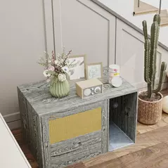 PawHut Cat Litter Box Enclosure with Rattan Door, Scratching Mat, Toy Ball, Non-Slip Foot Pads, Grey - 9