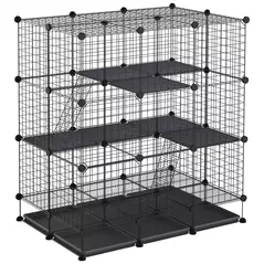 PawHut 3 Level DIY Pet Playpen Metal Small Animal Cage Rabbit Ferret Chinchillas Cage 4 Doors Bottom Trays Black - 1