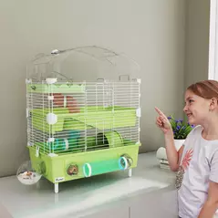PawHut 3-Tier Hamster Cage with Transparent Top, Sand Bathroom, Exercise Wheel, Hideout Room, Tubes, 45 x 28 x 60 cm, Green - 2
