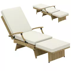 Outsunny 80° Reclining Rattan Lounger - White/Beige - 1