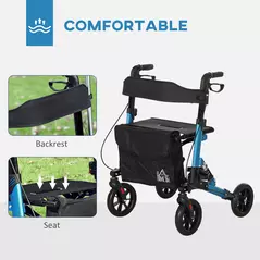 HOMCOM Folding Rollator Walker with Seat, Backrest, Lightweight Walking Frame with Storage Bag, Dual Brakes, Adjustable Handle Height, Suspension System, 4 Wheeled Walker for Seniors, Blue - 4