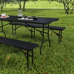 Outsunny Folding Picnic Table and Bench Set, Rattan Effect Portable Camping Table and Chairs with Carrying Handles for Indoor Outdoor, Dining, Camping, Picnic, BBQ, Party, Black - 8