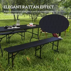 Outsunny Folding Picnic Table and Bench Set, Rattan Effect Portable Camping Table and Chairs with Carrying Handles for Indoor Outdoor, Dining, Camping, Picnic, BBQ, Party, Black - 4