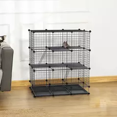 PawHut 3 Level DIY Pet Playpen Metal Small Animal Cage Rabbit Ferret Chinchillas Cage 4 Doors Bottom Trays Black - 2