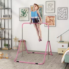 HOMCOM Kids Gymnastic Bar, with Adjustable Height, Foldable Horizontal Bars - Pink - 2