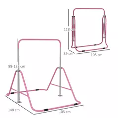 HOMCOM Kids Gymnastic Bar, with Adjustable Height, Foldable Horizontal Bars - Pink - 3