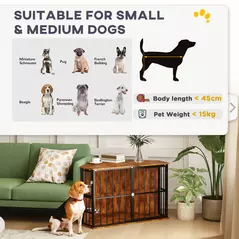 PawHut Corner Dog Crate Furniture with Two Bowls, Lockable Doors, for Small, Medium Dogs, Rustic Brown - 9