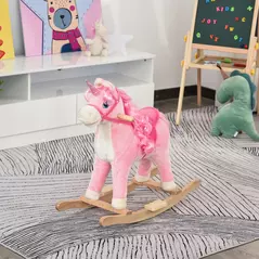 HOMCOM Kids Plush Rocking Horse Ride On Unicorn w/ Sound Moving Mouth Wagging Tail Children Rocker Toy Gift 3-6 Years Pink - 2