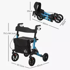 HOMCOM Folding Rollator Walker with Seat, Backrest, Lightweight Walking Frame with Storage Bag, Dual Brakes, Adjustable Handle Height, Suspension System, 4 Wheeled Walker for Seniors, Blue - 3