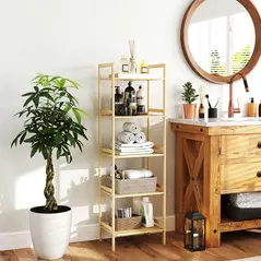 HOMCOM 5-Tier Bamboo Bathroom Storage Shelf, Freestanding Shelving Unit with Adjustable Rack for Kitchen Bathroom Living Room, Natural Wood Finish - 2