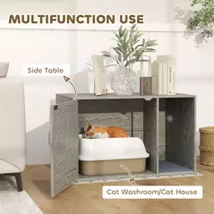 PawHut Cat Litter Box Enclosure with Rattan Door, Scratching Mat, Toy Ball, Non-Slip Foot Pads, Grey - 4
