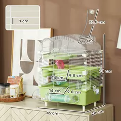PawHut 3-Tier Hamster Cage with Transparent Top, Sand Bathroom, Exercise Wheel, Hideout Room, Tubes, 45 x 28 x 60 cm, Green - 3