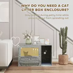 PawHut Cat Litter Box Enclosure with Rattan Door, Scratching Mat, Toy Ball, Non-Slip Foot Pads, Grey - 5