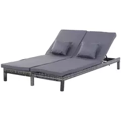 Outsunny 2 Seater Rattan Lounger Adjustable Double Chaise Chair Loveseat w/ Cushion - Grey - 1