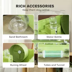 PawHut 3-Tier Hamster Cage with Transparent Top, Sand Bathroom, Exercise Wheel, Hideout Room, Tubes, 45 x 28 x 60 cm, Green - 5