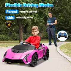 AIYAPLAY 12V Lamborghini Autentica Licensed Kids Electric Car with Remote Control, 4 Suspension Wheels, Soft Start, Pink - 6