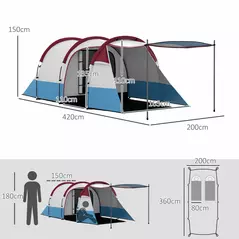 Outsunny Camping Tent, Large Tunnel Tent with Bedroom and Living Area, 2000mm Waterproof, Portable with Bag for 2-3 Man, Red - 3