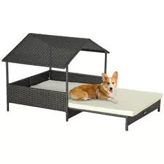 PawHut Extendable Elevated Dog Bed, Rattan Dog House, with Water-Resistant Roof, Removable Cushion, Cream - 1