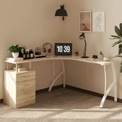 HOMCOM L-Shaped Computer Desk Table with Storage Drawer, Home Office Desk Corner Industrial Style Workstation for A4 Files 143.5 x 143.5 x 76cm, Oak - 2