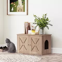 PawHut Cat Litter Box Enclosure with Double Doors and Side Entrance, Non-Slip Pads for Living Room, Walnut Brown - 7